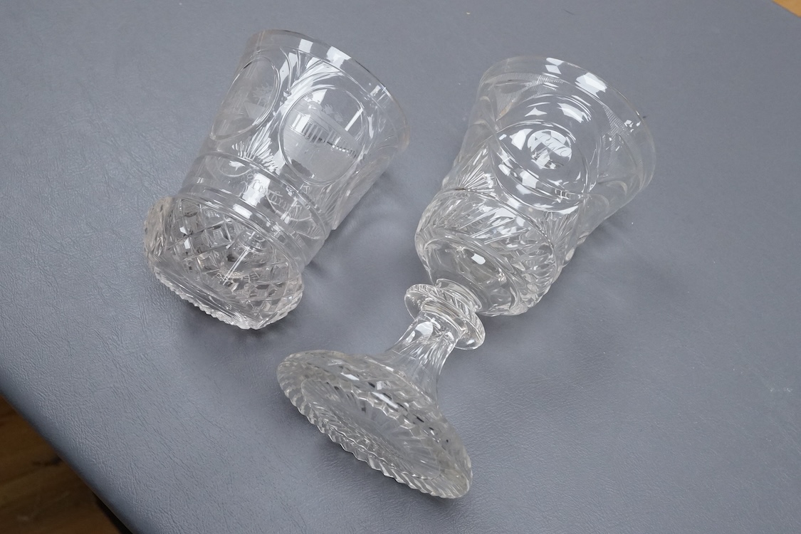 A 19th century Bohemian topographical engraved goblet and a similar beaker goblet, 17cm high